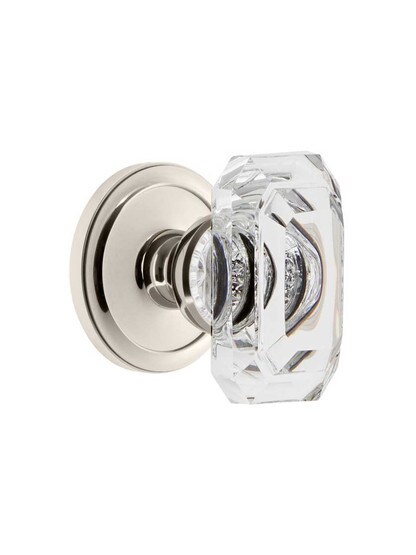 Grandeur Circulaire Rosette Door Set with Clear Crystal-Glass Baguette Knobs in Polished Nickel.